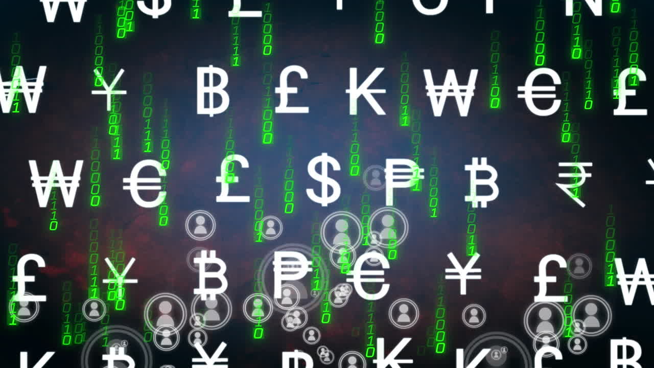 도시 풍경 위의 통화 기호의 애니메이션