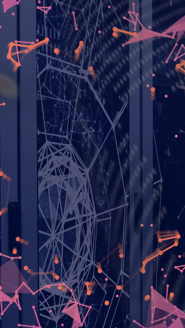 Vertical video: Wireframe head assembling, rotating and dropping, triggered by node drift for tech