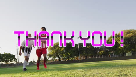 soccer players on field with animation of thank you! in bold pink letters