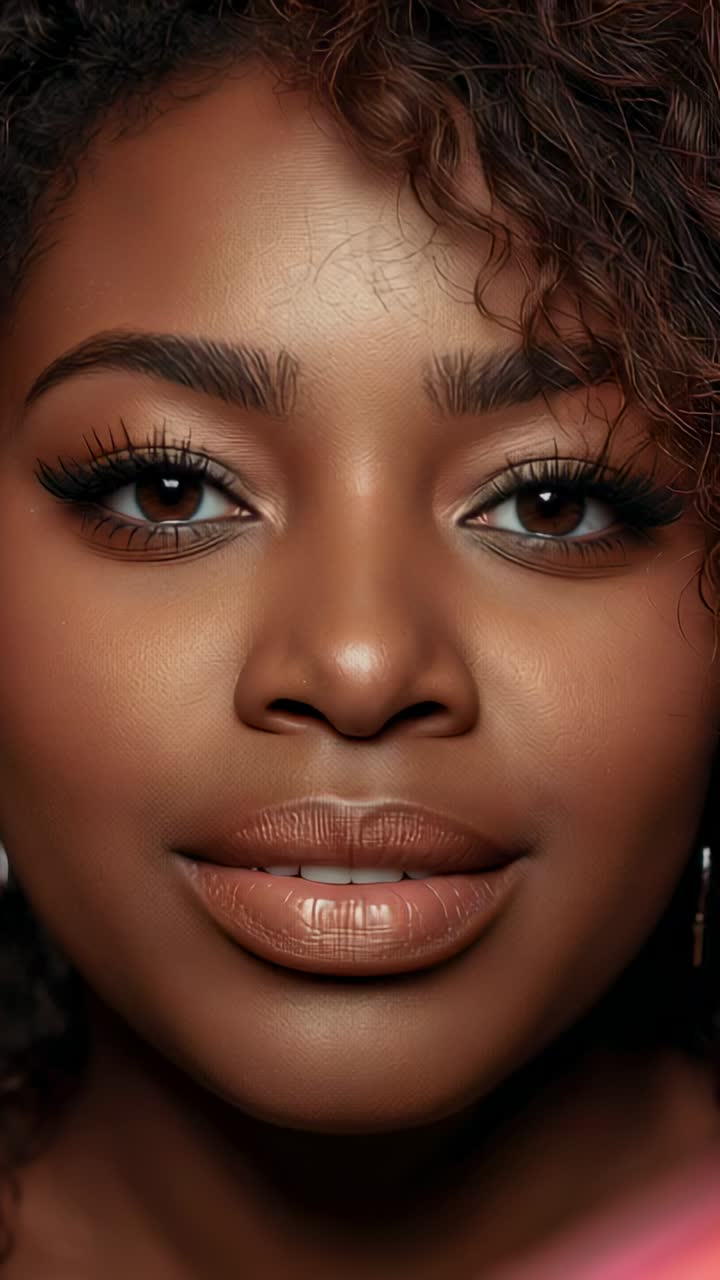 Vertical video: Smiling Black woman widening grin as camera starting in studio with lashes, earring