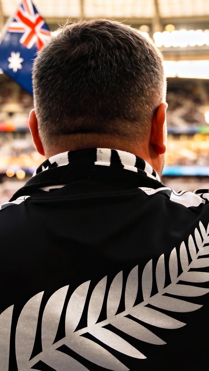 Video verticale: Uomo che guarda una partita nello stadio, la telecamera che zooma, mostrando una felce, una sciarpa, una bandiera.