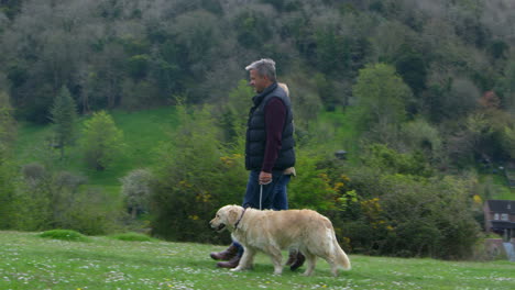 mature couple taking golden retriever for walk shot on r3d