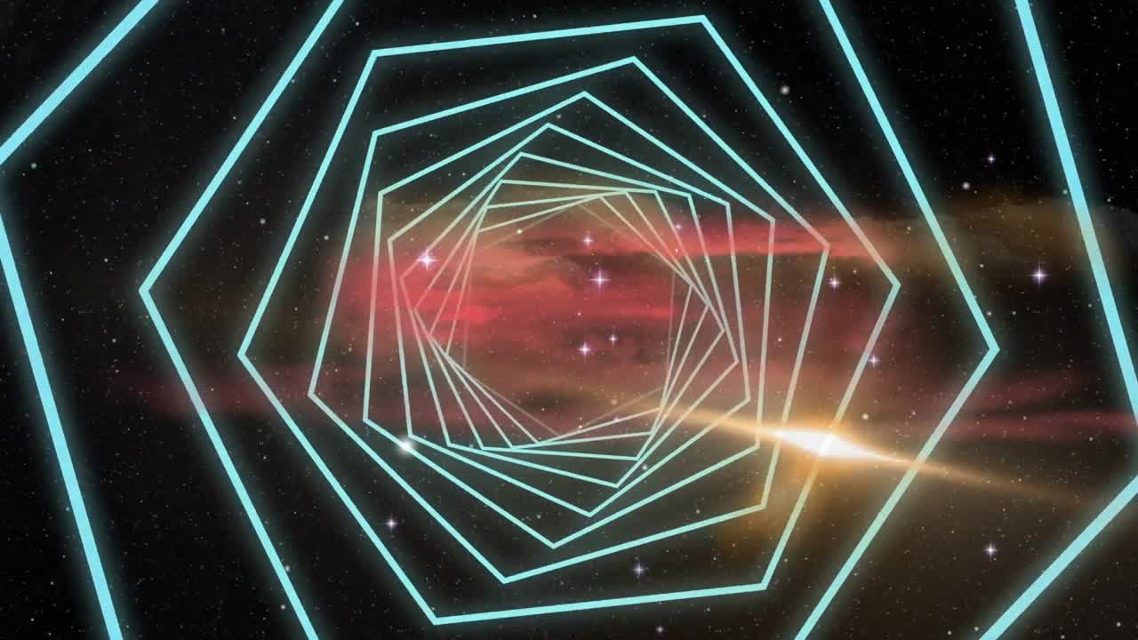 animación digital de formas hexagonales que giran en movimiento sin fisuras contra estrellas brillantes en el espacio