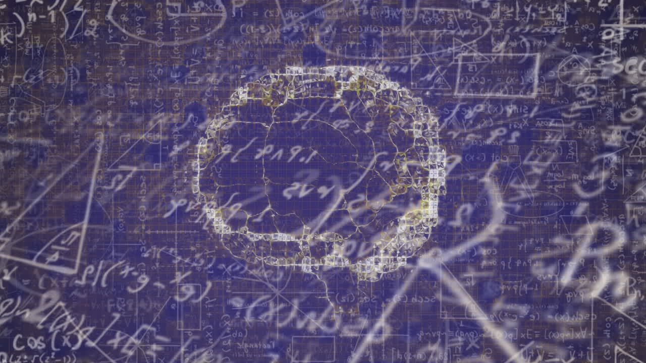 파란색 배경에 뇌와 수학적 방정식의 애니메이션