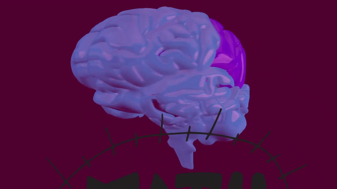 Animation of math text over digital brain on purple background