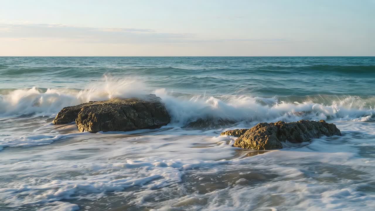 Onde oceaniche impetuose che si infrangono contro affioramenti rocciosi dalla cima piatta sulla sabbia bagnata, formando schiuma