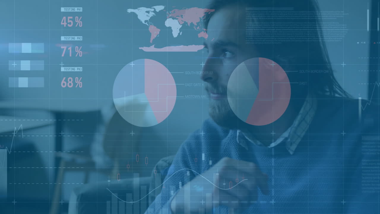 Animation of financial data processing over caucasian businessman in office