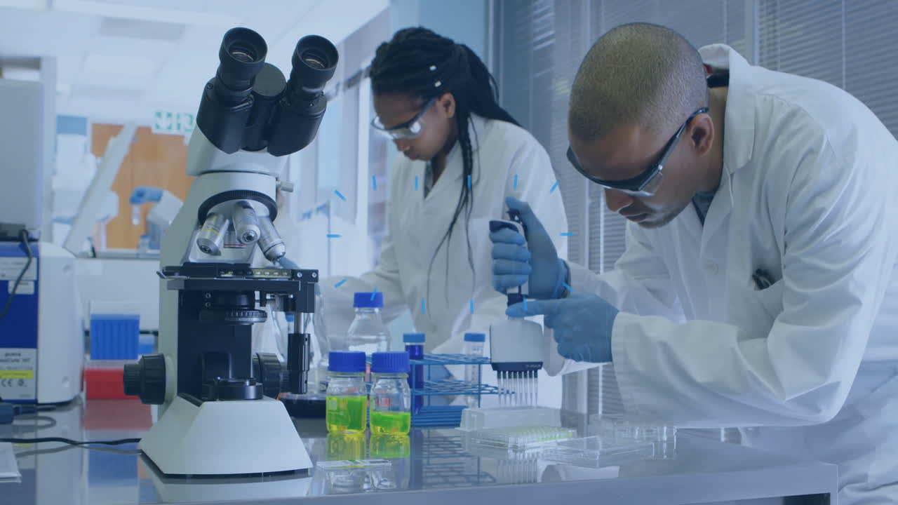 Animation of shapes moving over biracial scientists doing experiments in lab