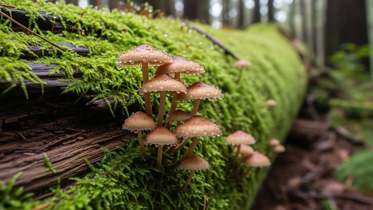 Exploring Nature's Beauty: A Close-Up of Dew-Kissed Mushrooms Growing on a Mossy Log in a Tranquil Forest Setting Captured in Stunning Detail