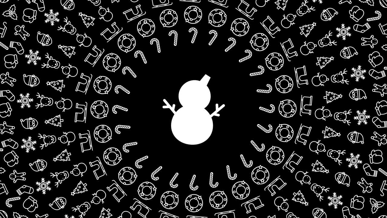 hombre de nieve patrón de icono de navidad forma de círculo girar ilustración en movimiento en fondo de color rojo animación de bucle sin costuras 4k, y luma canal alfa mate con centro de espacio de copia