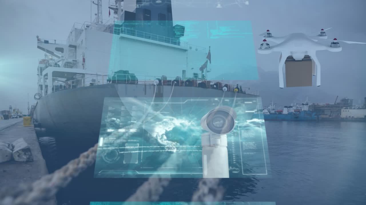 데이터 처리의 애니메이션과 조선소 위의 디지털 드론