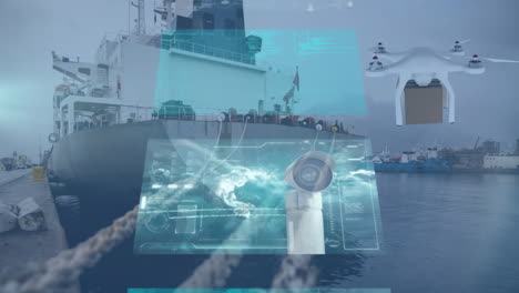 animación del procesamiento de datos y drones digitales sobre el astillero