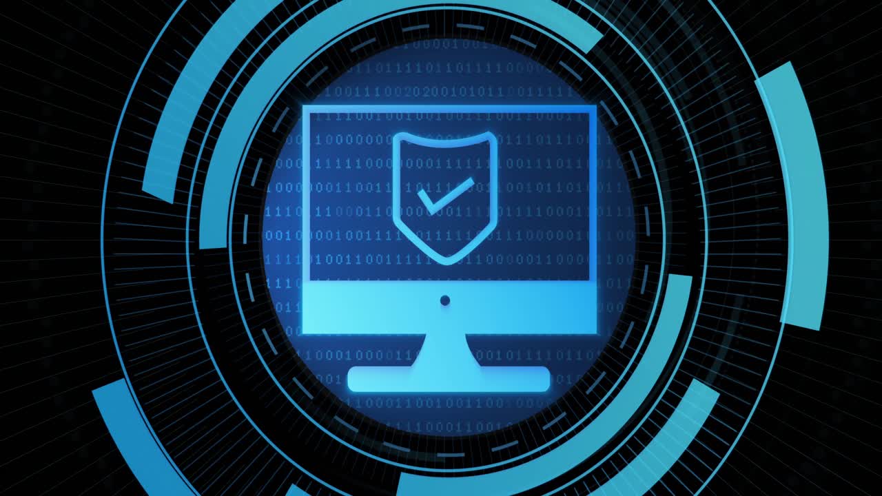 animación del escudo en la pantalla de la computadora en el círculo de procesamiento en fondo negro