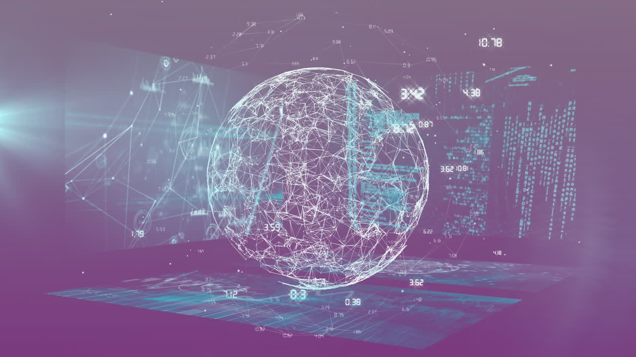 Animation of digital globe with network connections and data visualization on purple