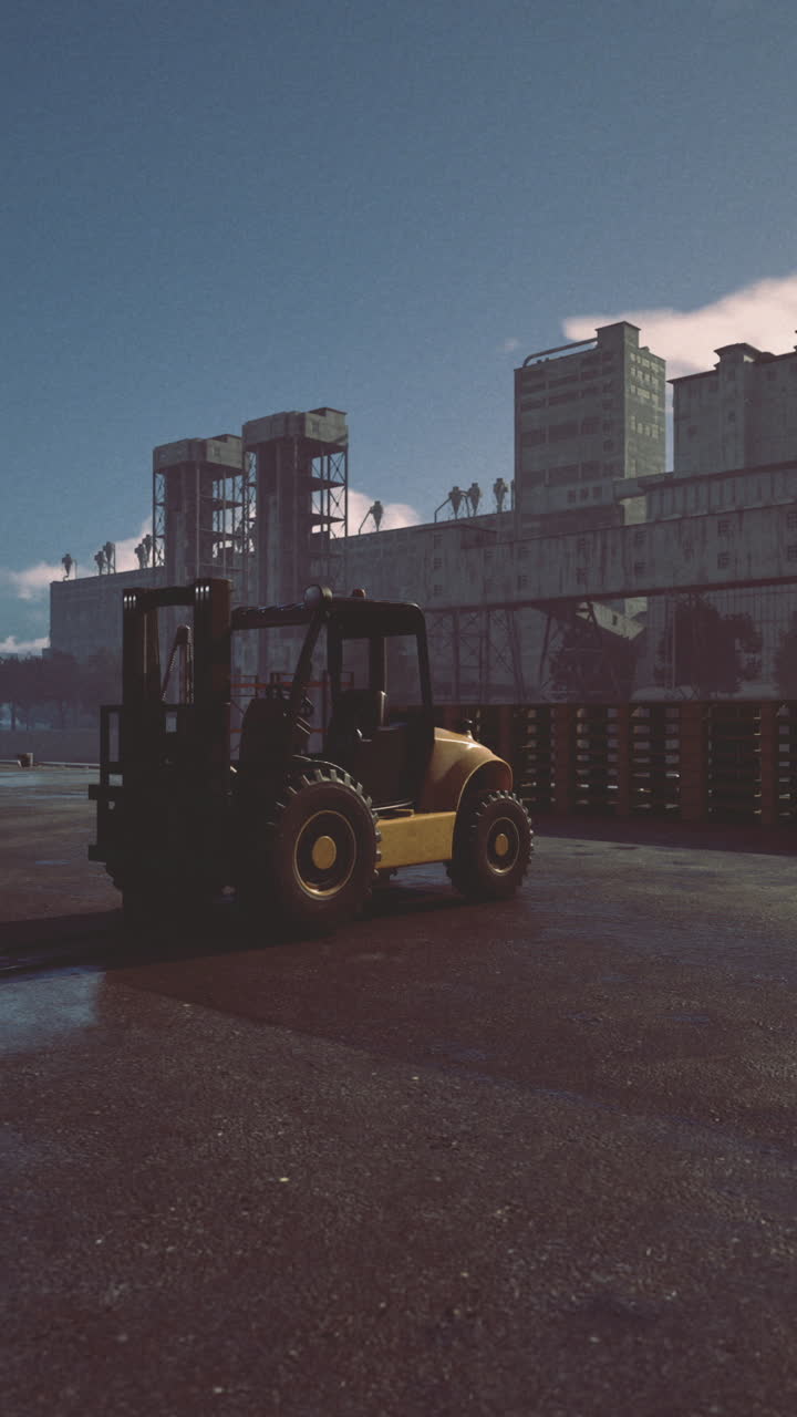 Warehouse loading area with forklift at sunrise in industrial setting