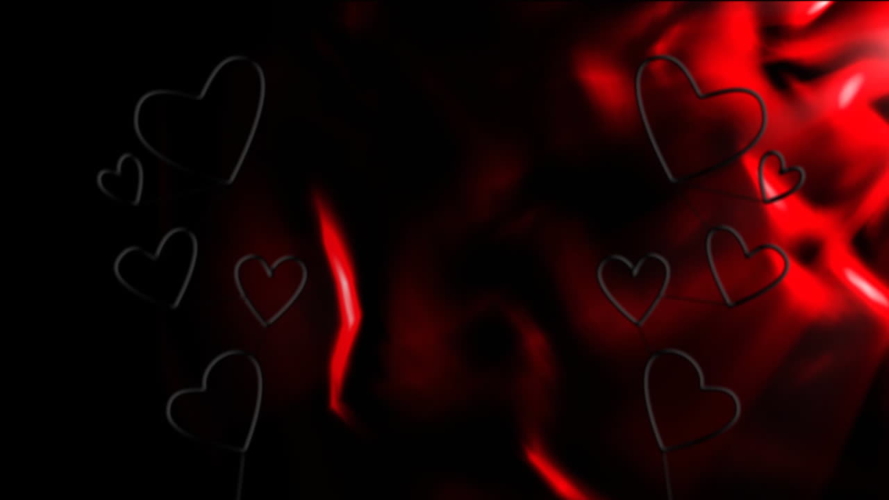 animación de corazones de neón púrpura y rojo parpadeando en la textura roja y negra en movimiento