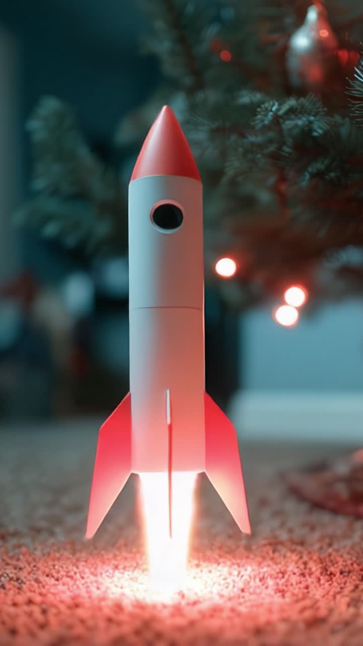 Uma Cena Deslumbrante de Lançamento de Foguete em Meio a Decorações Festivas, Capturando o Momento da Decolagem de um Ambiente Interno Aconchegante, Rodeado por Enfeites e Luzes de Natal