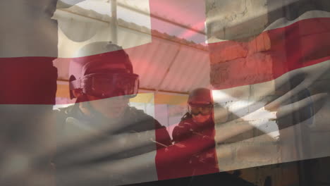 animation of flag of england over diverse soldiers with guns