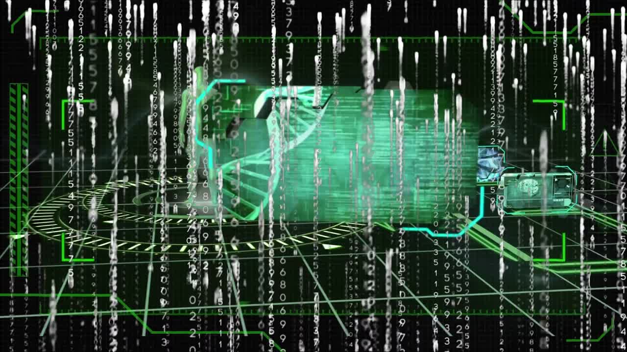 Animation of data processing over digital human and dna strand on black background