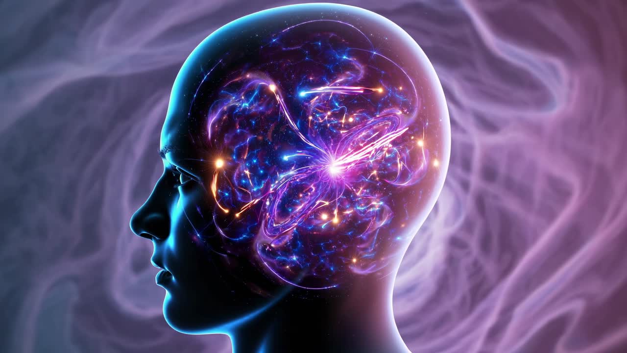 Perfil lateral de una cabeza humana brillante con un efecto cerebral cósmico, capturado desde un ángulo lateral.