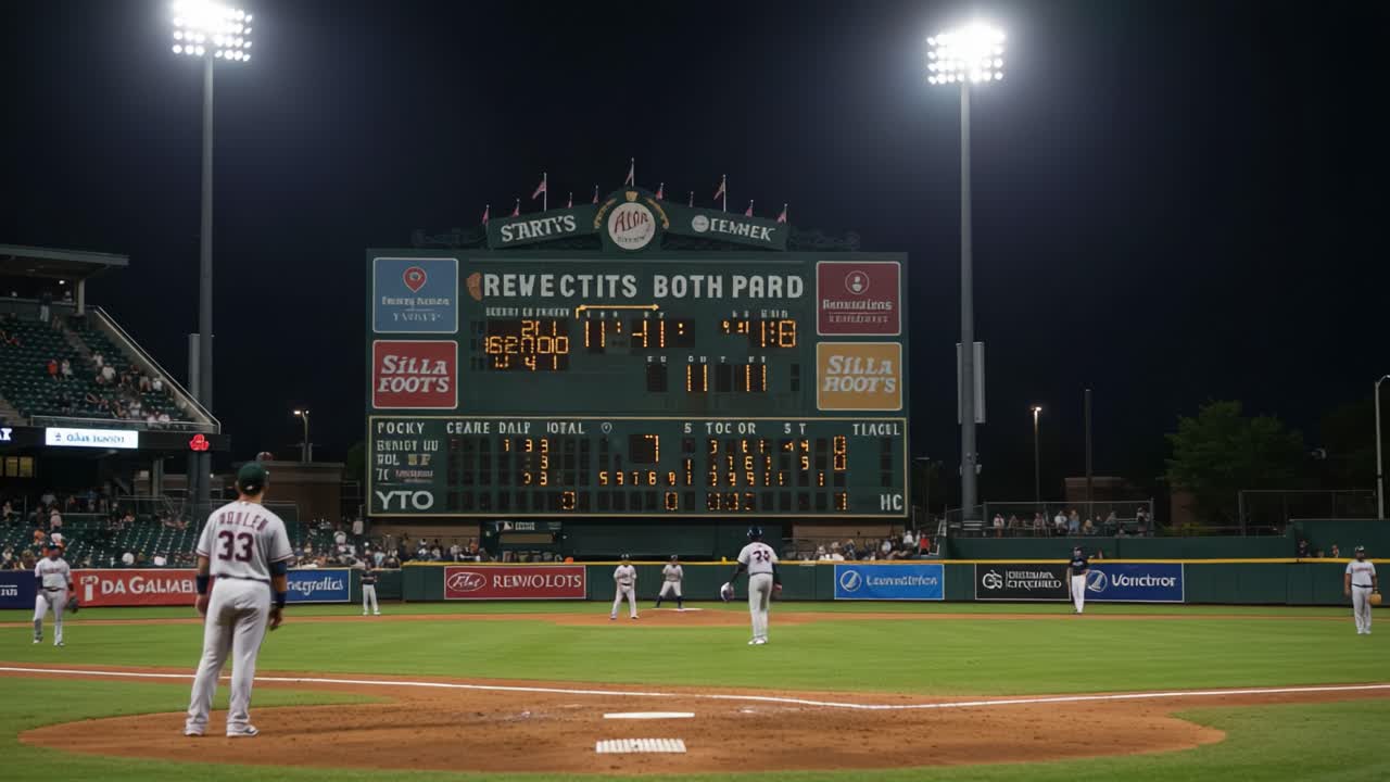 Nighttime Baseball Action: A Thrilling Match Between Two Teams at the Stadium with Scoreboard Displaying Exciting Game Statistics and Player Movements