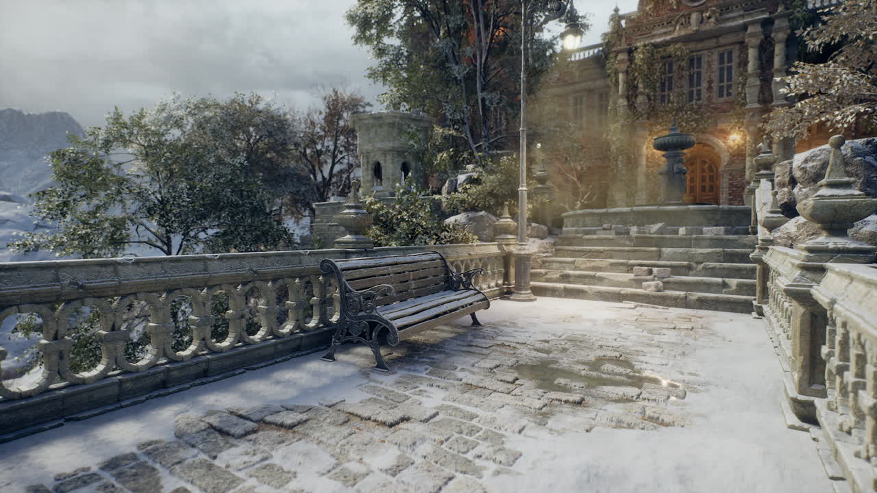 hermoso paisaje de invierno con arquitectura histórica y sendero nevado