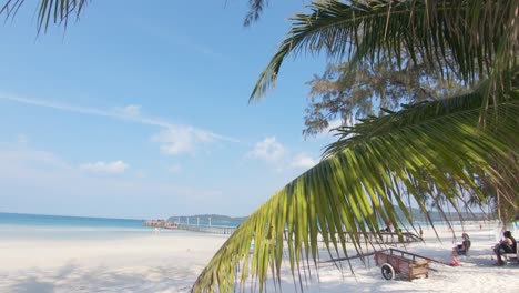 view through palm tree leaves to paradisiac bay with wooden pier in saracen bay in koh rong sanloem, cambodia - wide dolly shot