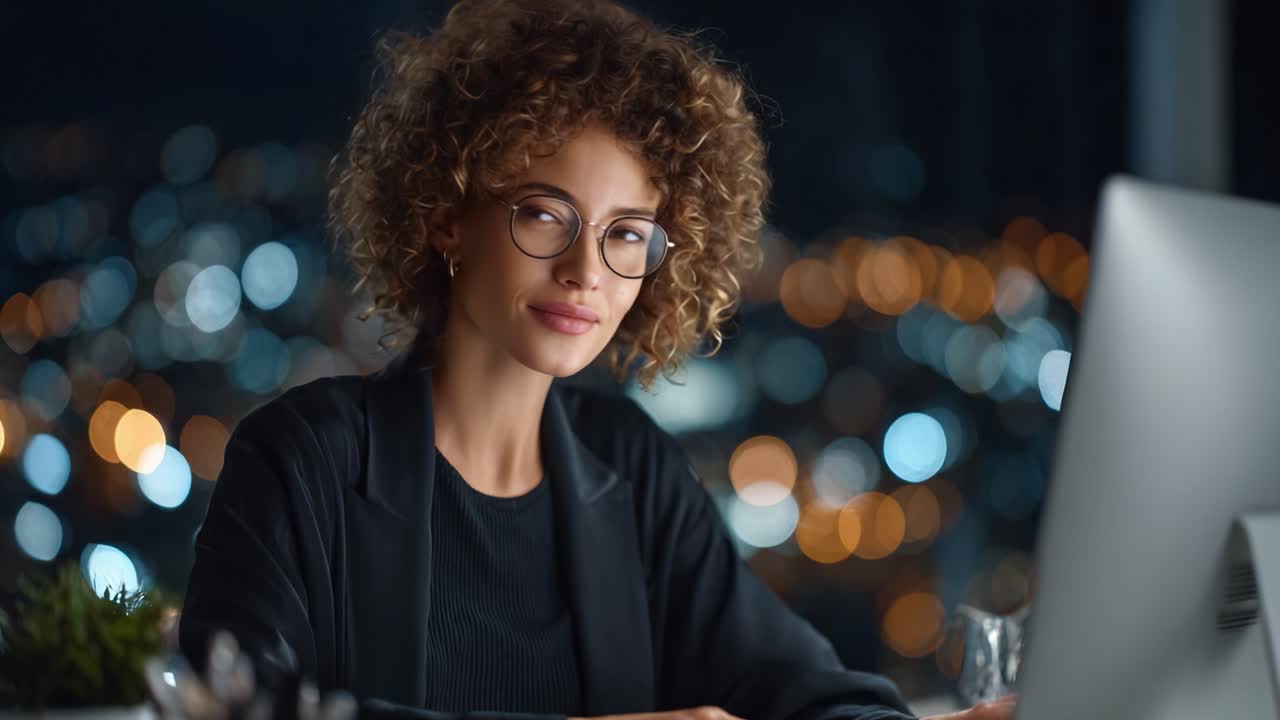 A focused individual working on a computer at night, illuminated by soft indoor lighting, revealing a serene and engaging atmosphere filled with cityscape lights in the background
