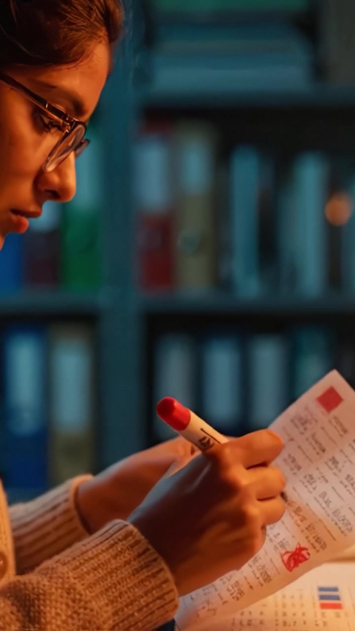 A focused student reviews notes in a dimly lit study, showcasing determination and concentration in their academic pursuits with important material in hand.
