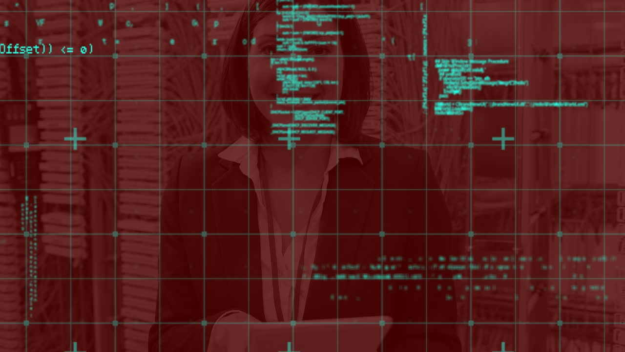 Animation of data processing and caucasiana woman with tablet over servers