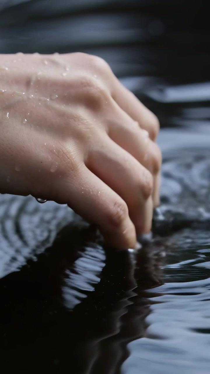 Vertical video: Lowering hand skimming and touching in dark pool, making ripples and drops