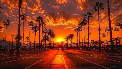 sunset over a parking lot with palm trees