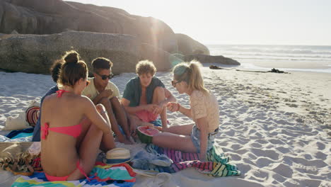 multi ethnic  group of friends on the beach hanging out