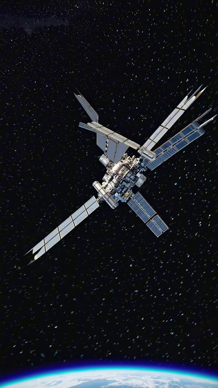 A satellite orbits Earth in a vertical video shot, capturing the vastness of space and the planet's