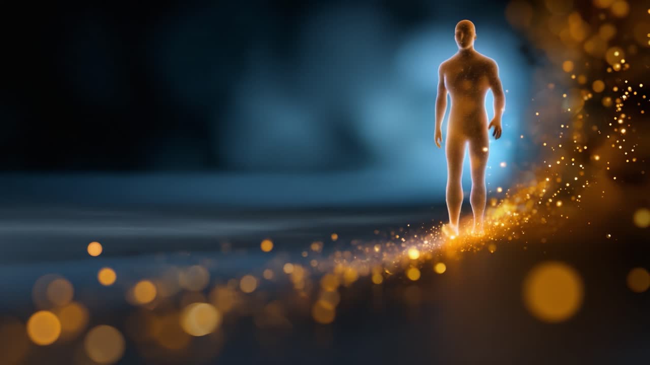 An ethereal figure walks through a mesmerizing trail of glowing particles, embodying the connection between light and form in an enchanting visual journey
