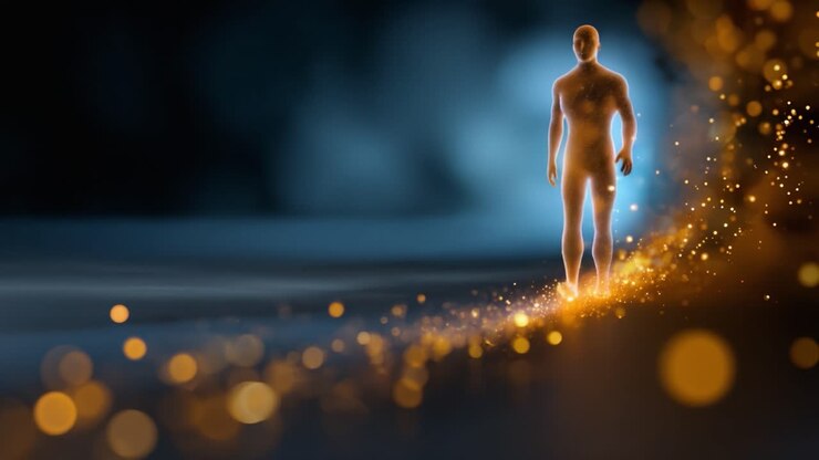 Uma figura etérea caminha por uma trilha fascinante de partículas brilhantes, personificando a conexão entre luz e forma em uma jornada visual encantadora