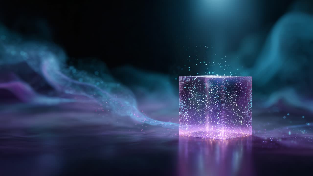 Uma visualização fascinante de um cubo transparente e brilhante, cercado por névoa rodopiante e partículas cintilantes, criando uma atmosfera hipnotizante de encanto
