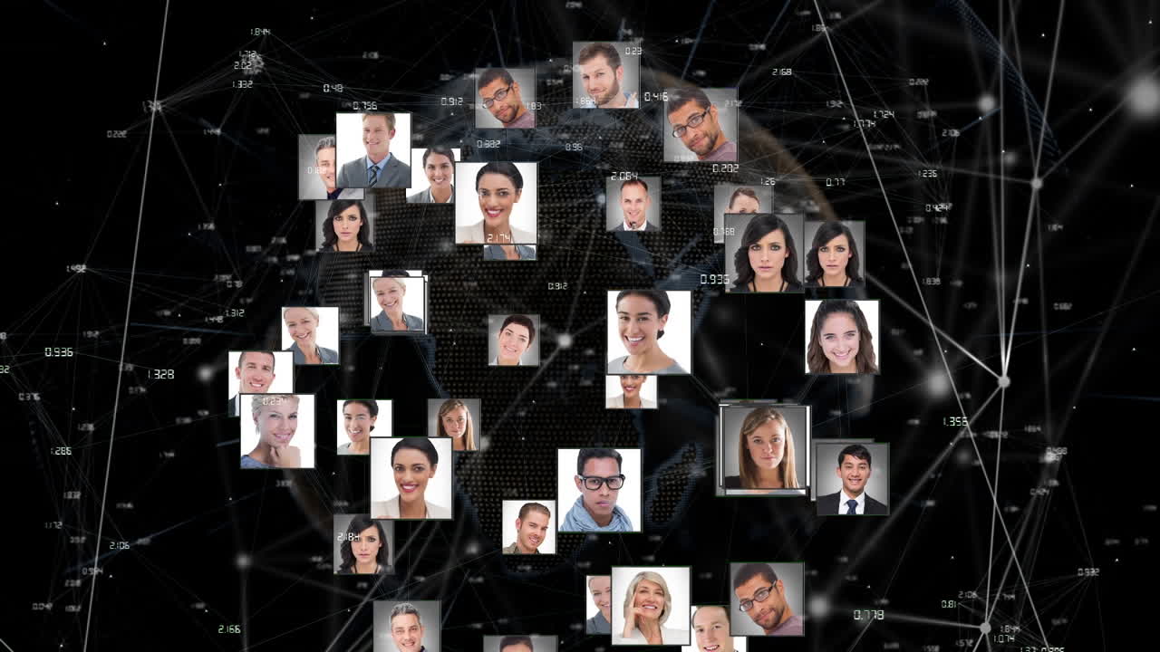 animación del globo de la red de conexiones con las fotos de las personas