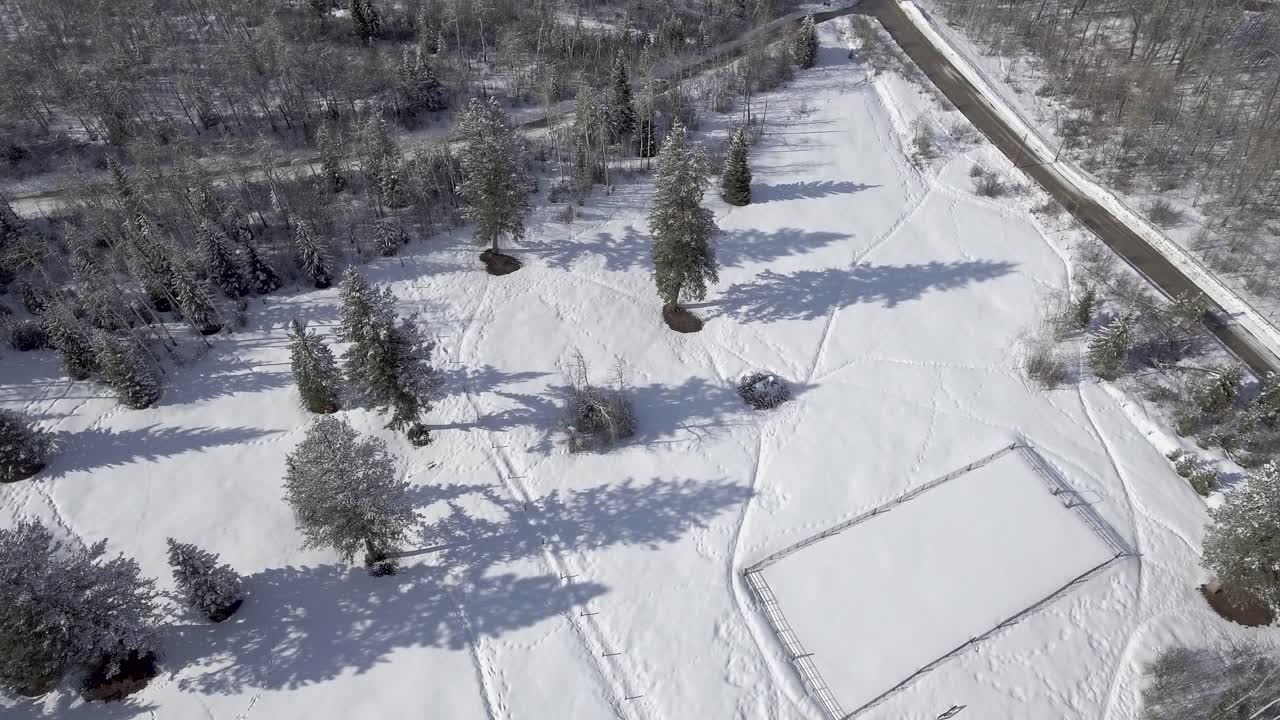시골 풍경에서 눈 덮인 말 목초지 위로 공중 비행
