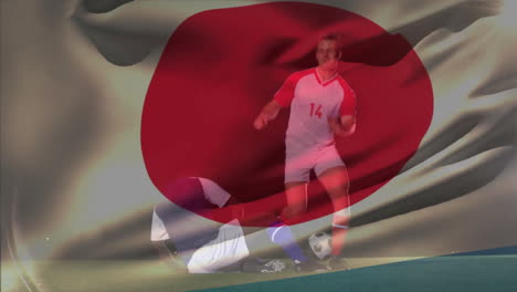 animation of japan flag waving, diverse soccer player falling after being tripped in soccer match