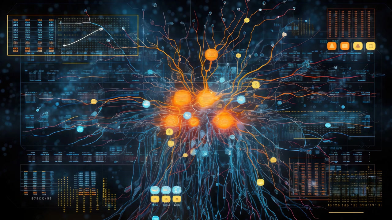 Abstract Neural Network with Glowing Data Connections and Digital Interface