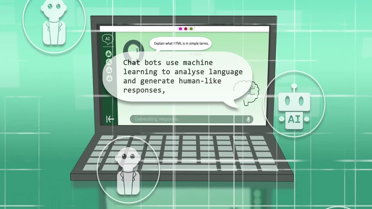 녹색 배경에 노트북을 통해 ai 채팅과 데이터 처리의 애니메이션