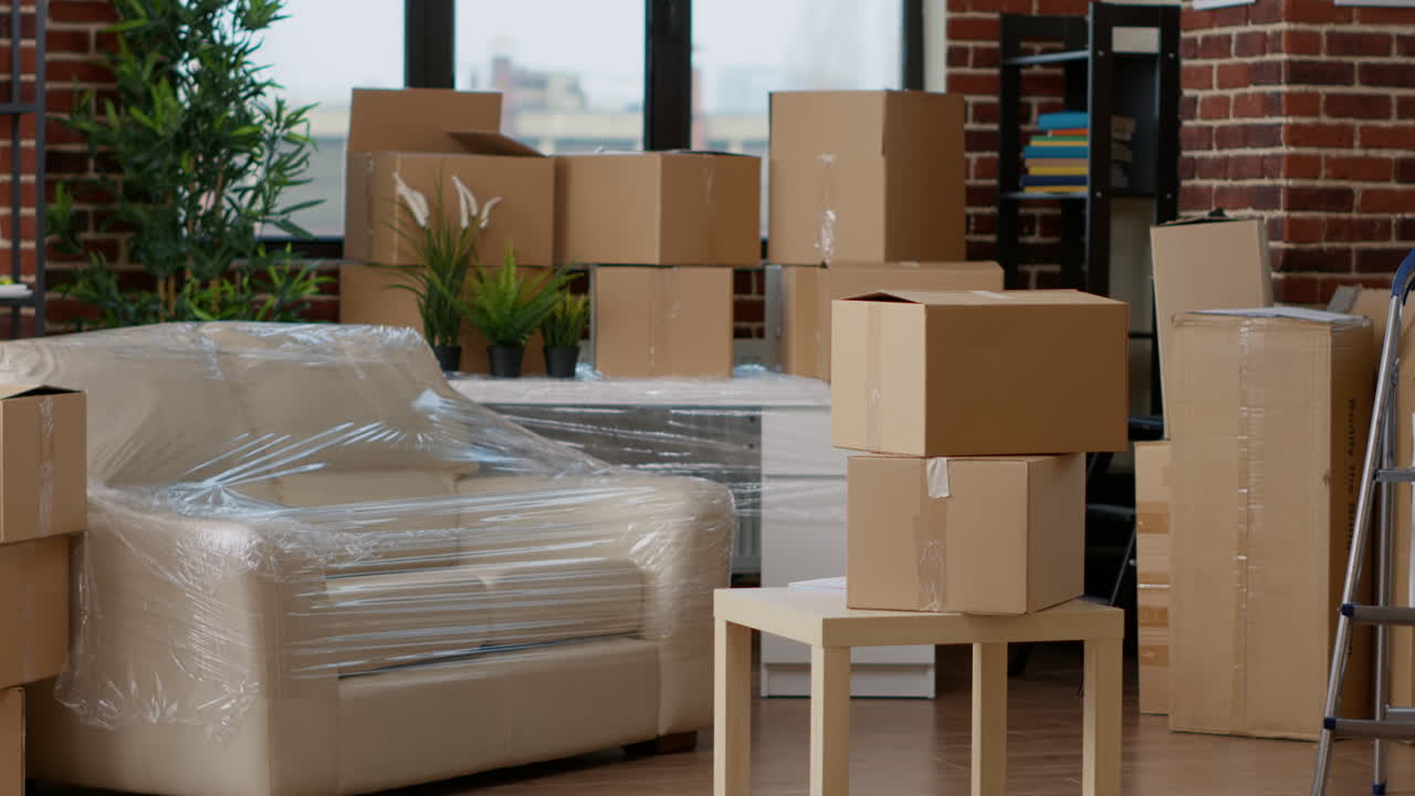 Empty household space with cardboard boxes used for relocation