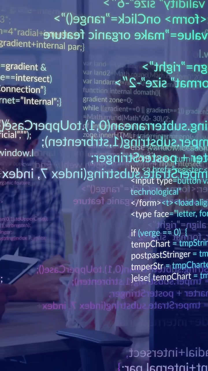 Vertical video: Man listening as woman gesturing causing code overlay obscuring team for tech talk