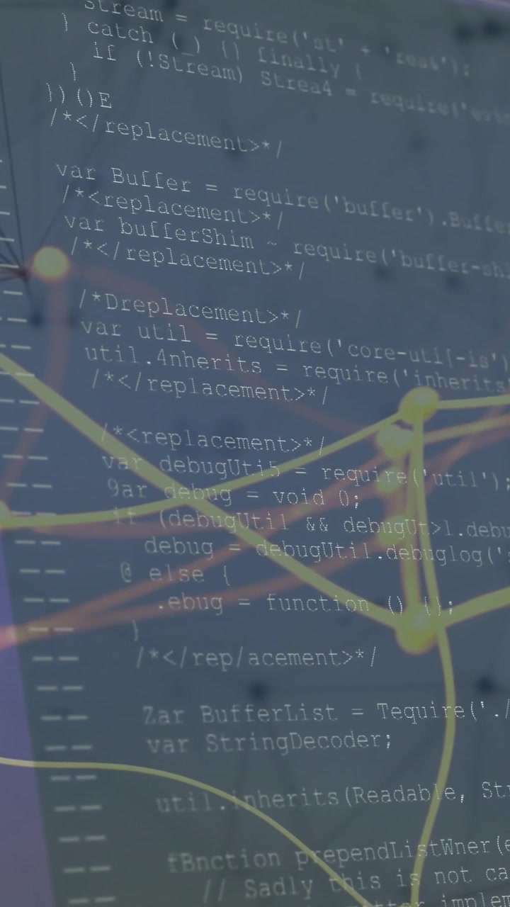 Vertical video: Cam pulling, screen revealing code while nodes pulsing, text scrolling for review