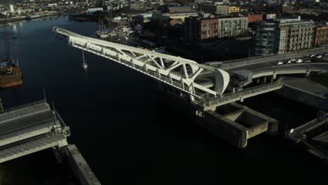 4k aerial footage of johnson street draw bridge in victoria british columbia