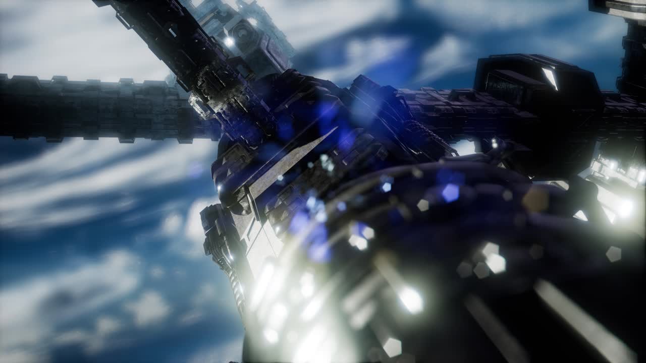 una enorme nave espacial muy detallada se acerca a la tierra.