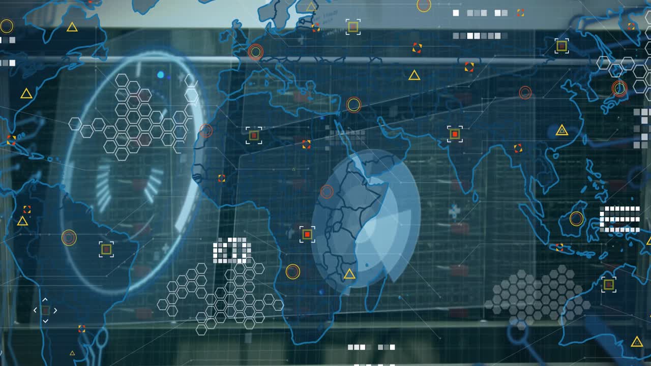 animación de la interfaz digital con alcance de escaneo y mapa del mundo sobre fondo oscuro
