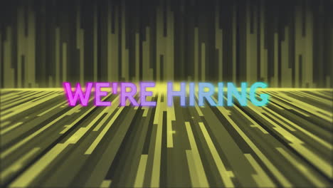 animation of we're hiring text over yellow lines on black background