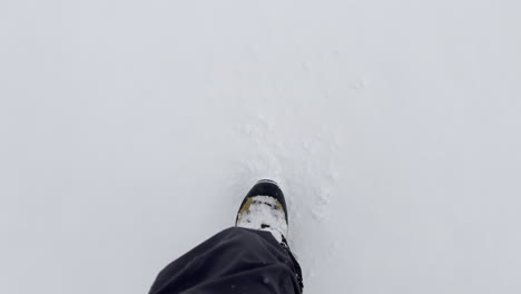 a first person view shoot of a pair of boots walking on snow and show beautiful winter scenery, wearing hiking boots and trousers